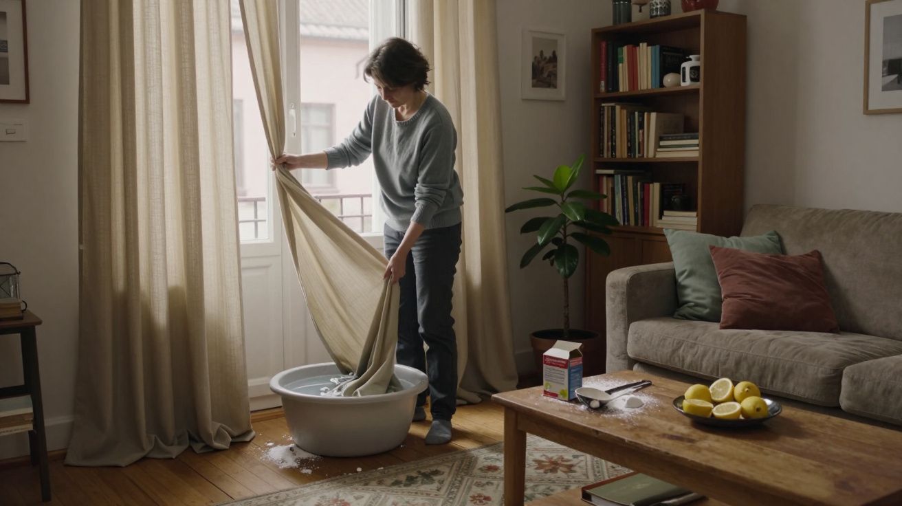 Pessoa mergulha cortina em bacia na sala, junto a uma janela. Há plantas, livros e limões sobre a mesa de café.