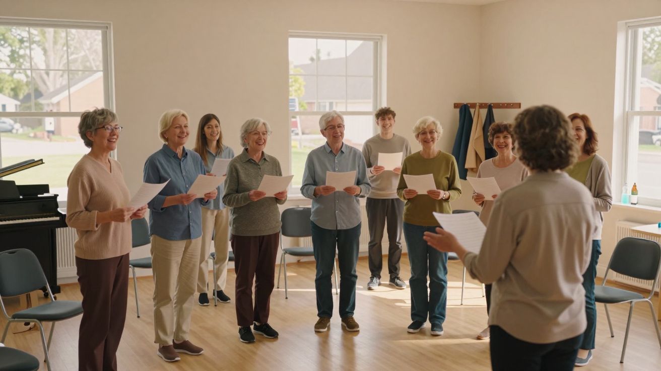 Grupo de pessoas a cantar num ensaio coral, seguras de partituras, numa sala iluminada com cadeiras e um piano ao lado.