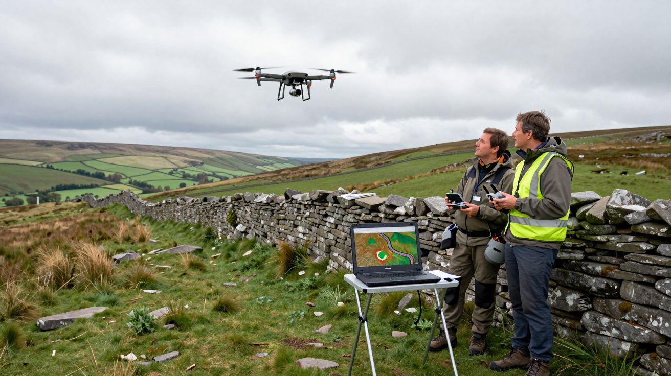 Dois homens controlam um drone num campo verde, ao lado de um muro de pedra, com um portátil em mesa.
