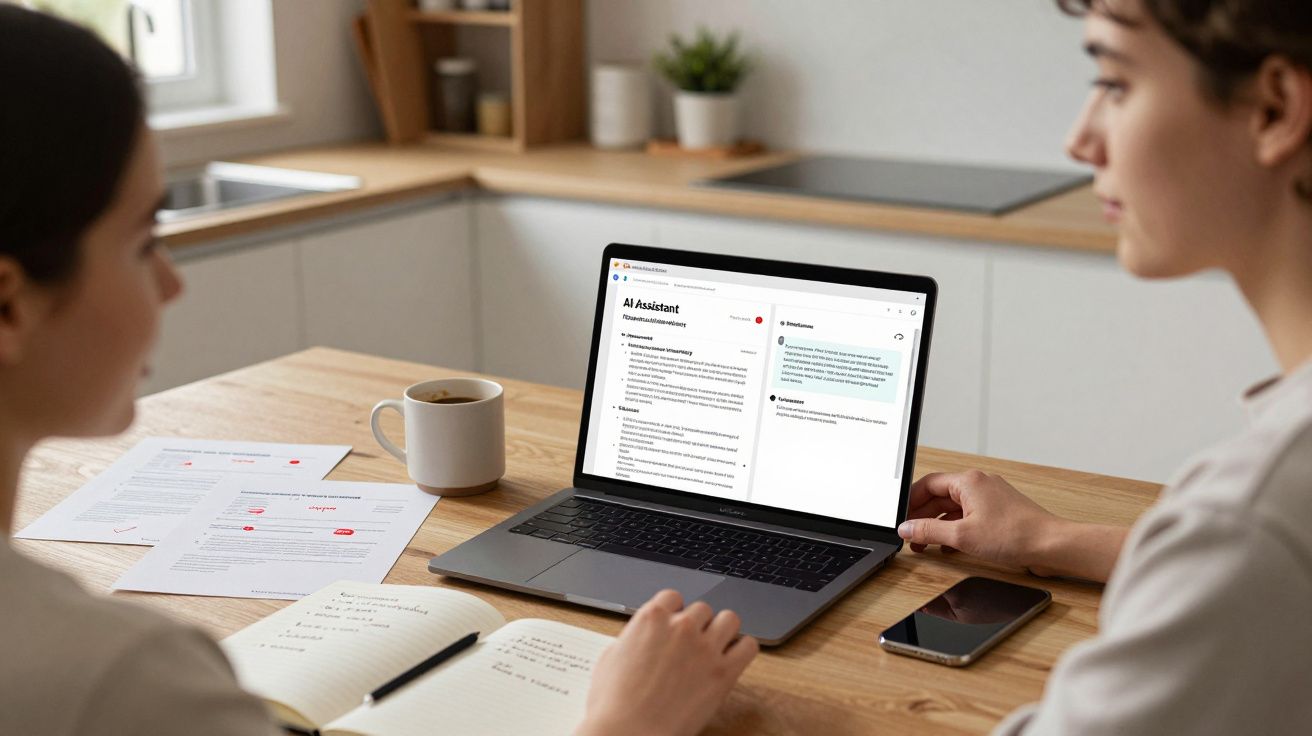 Duas pessoas em frente a um portátil, discutindo, com caderno, caneta, telemóvel e café sobre a mesa de madeira.