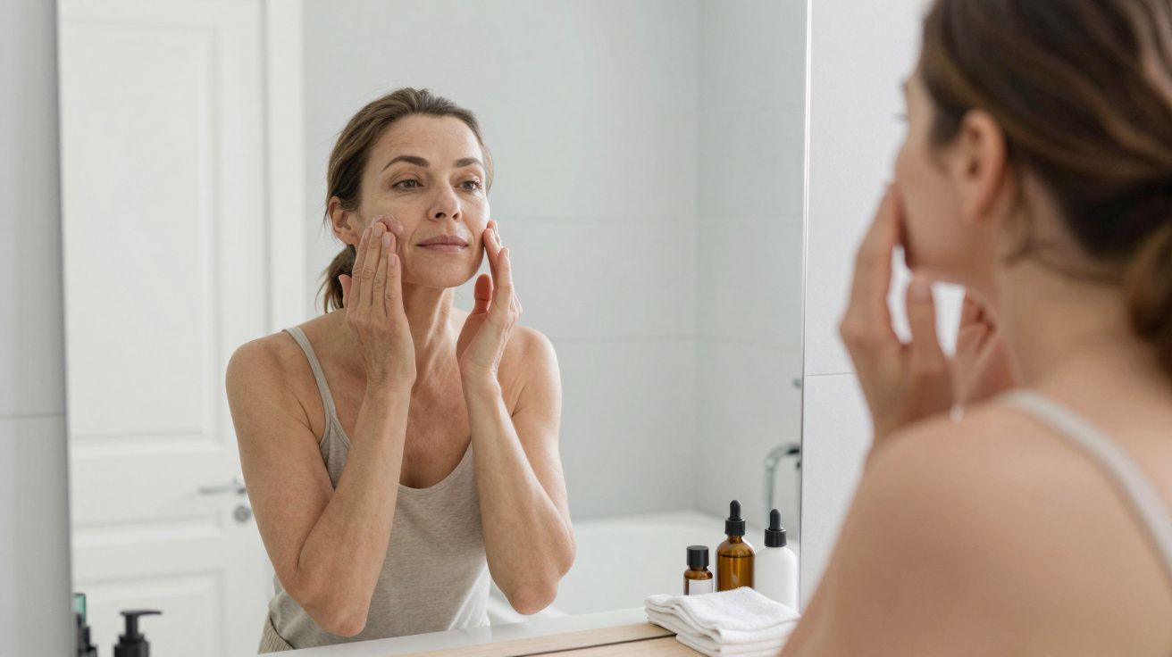 Mulher em frente ao espelho aplicando creme no rosto, com frascos de cosméticos ao lado.