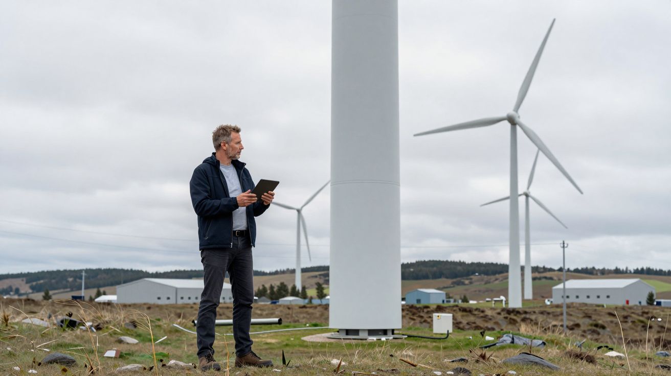 Homem com tablet entre turbinas eólicas em campo nublado.