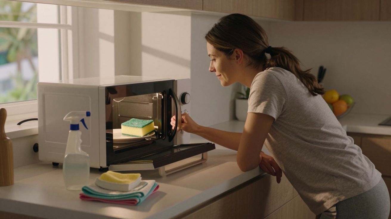 Mulher a colocar esponja no micro-ondas, numa cozinha iluminada pelo sol.