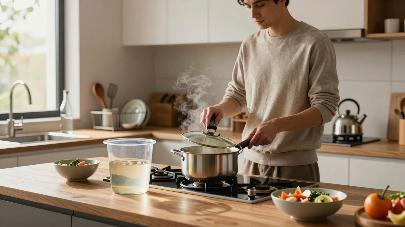 Pessoa a cozinhar numa cozinha moderna, levantando a tampa de uma panela com vapor, rodeada de legumes frescos.