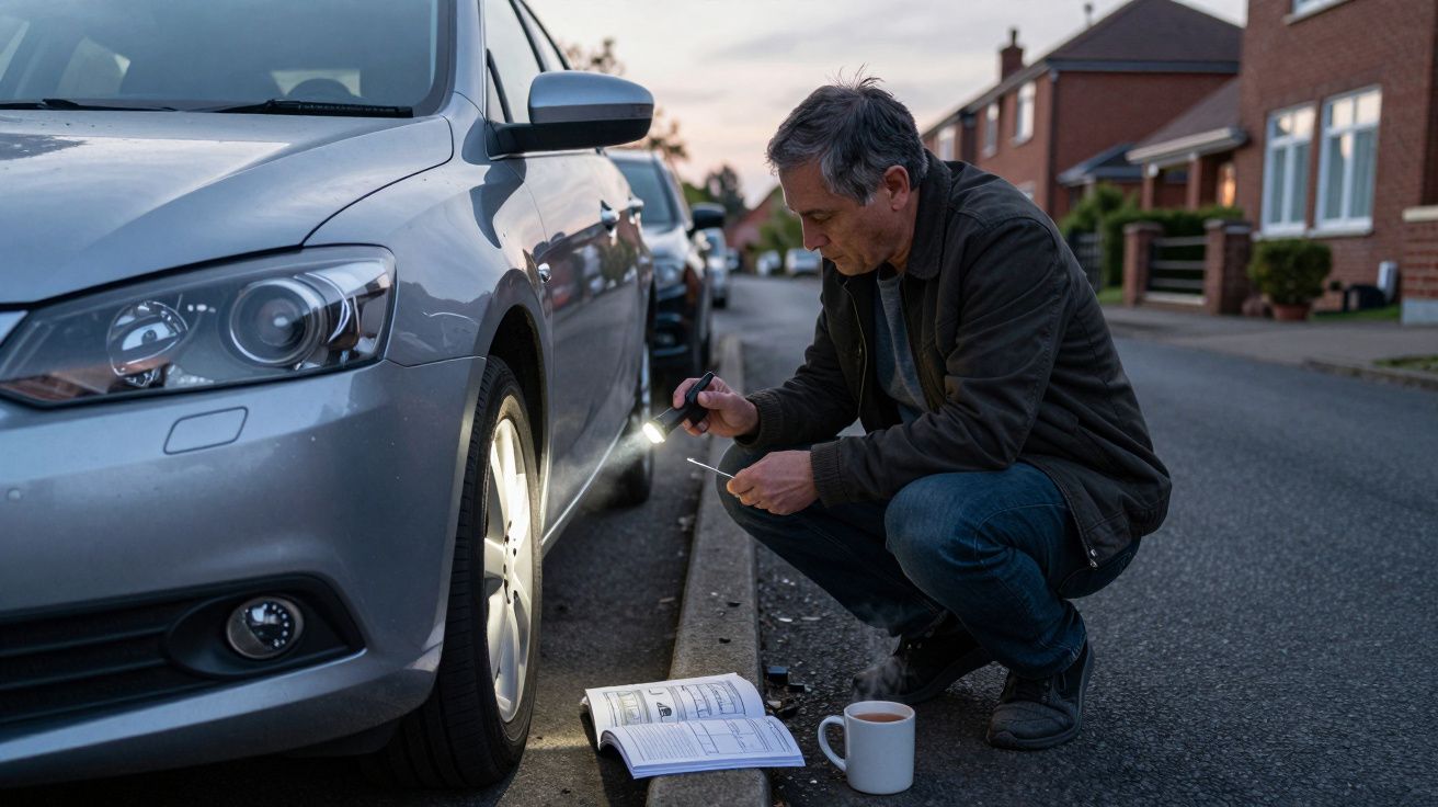 Homem agachado na rua, verificando o carro com uma lanterna, manual aberto e chá ao lado.