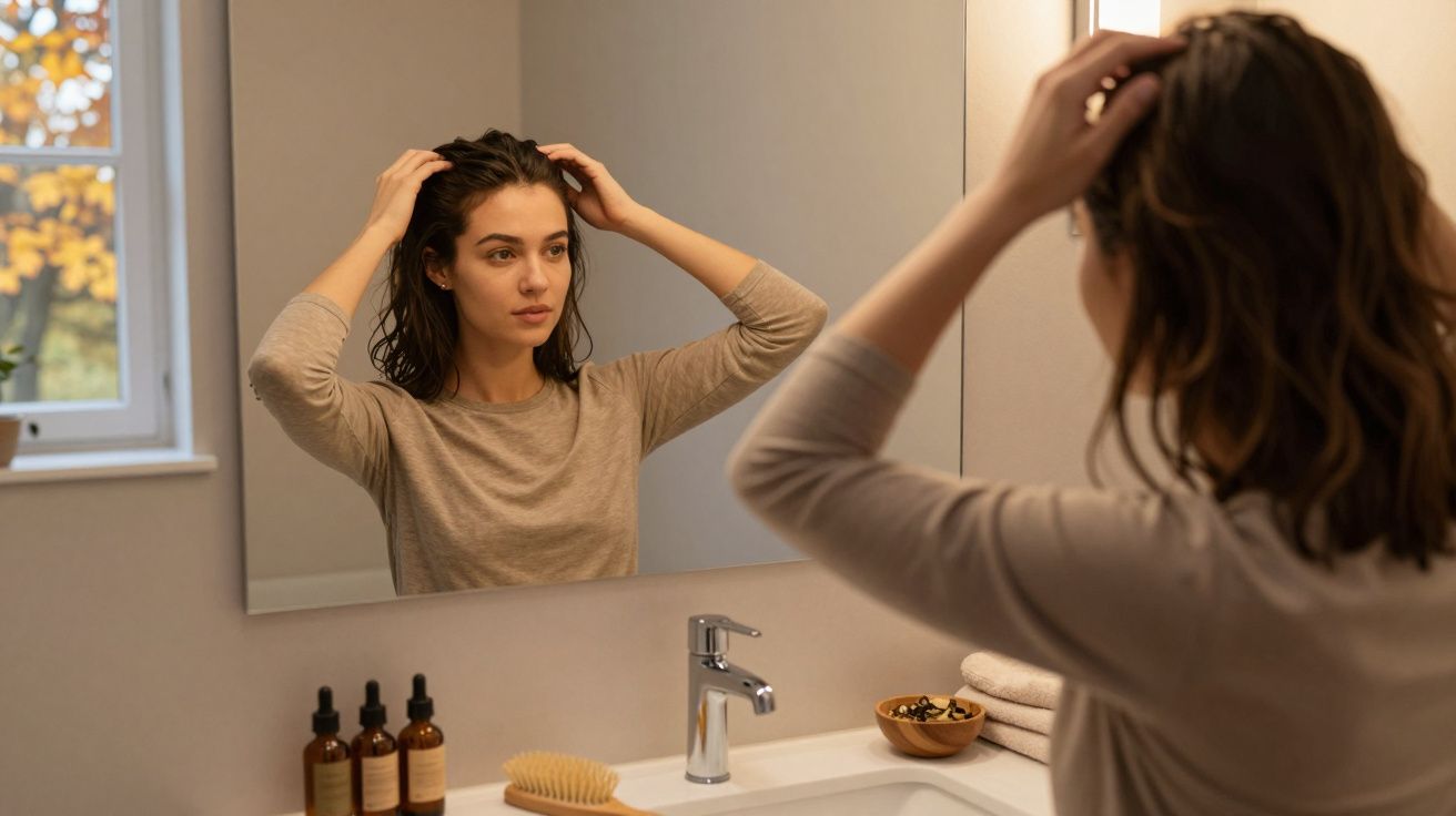 Mulher em frente a um espelho no banheiro, ajeitando o cabelo. Frascos e escova na bancada ao lado.