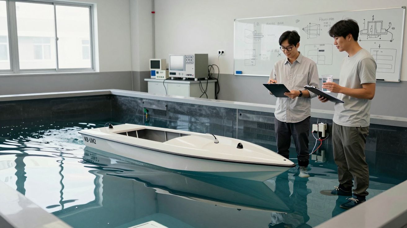 Dois homens observam protótipo de barco numa piscina de testes em laboratório, com quadros e equipamentos ao fundo.