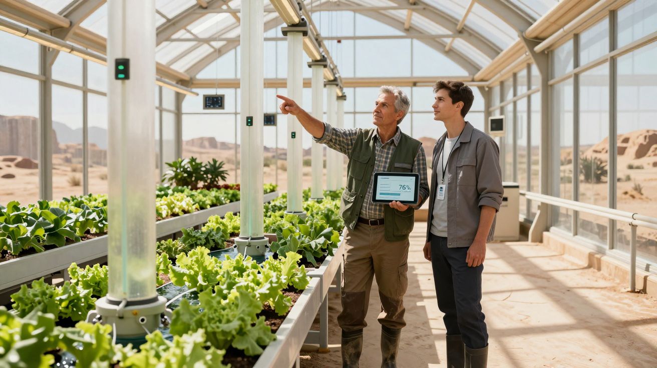 Dois homens numa estufa moderna, observando plantas verdes e analisando dados num tablet.