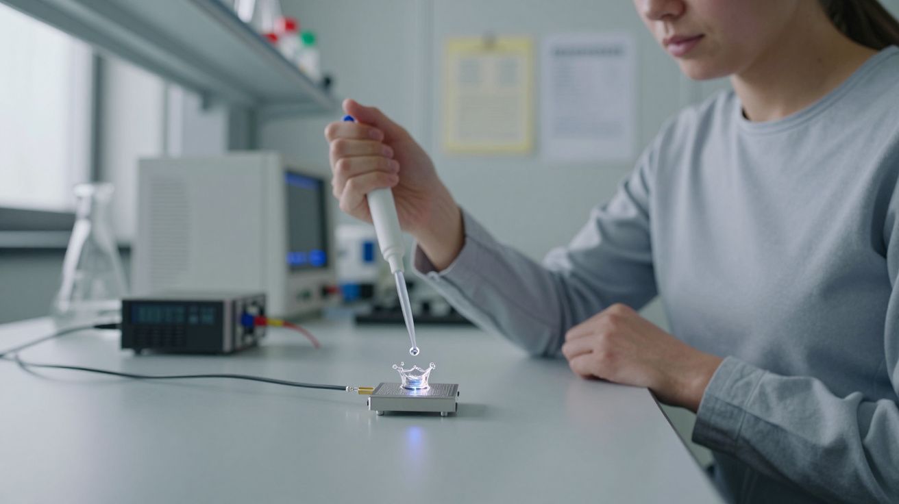 Pessoa usando micropipeta num laboratório, manipulando líquido sobre uma superfície eletrónica.