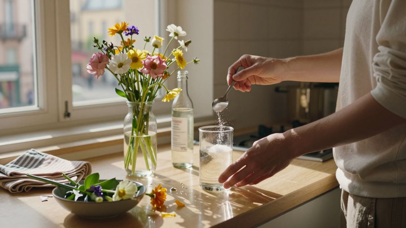 Pessoa a adicionar açúcar a um copo de água numa cozinha ensolarada, com flores e garrafa de água sobre a bancada.