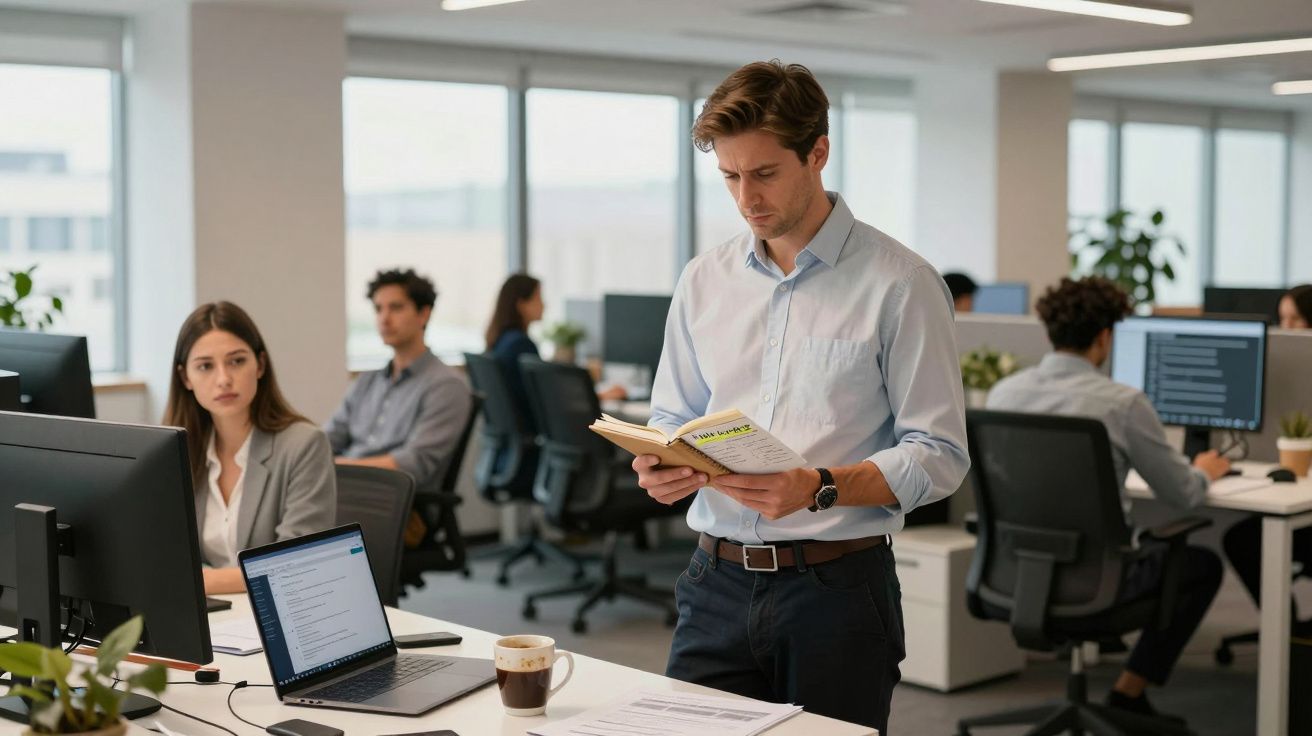 Homem de pé a ler um livro num escritório com várias pessoas a trabalhar em computadores.