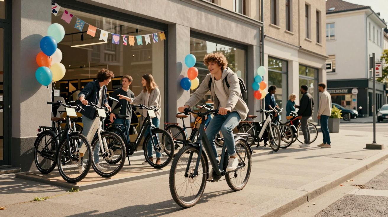 Rapaz a andar de bicicleta em frente a loja com balões coloridos; grupo de pessoas a conversar junto a outras bicicletas.