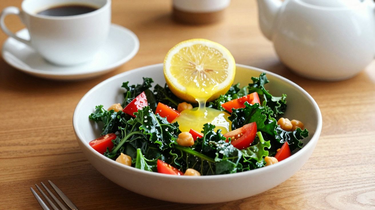 Salada de couve com tomate e grão-de-bico, coberta com limão espremido, ao lado de café e bule em mesa de madeira.