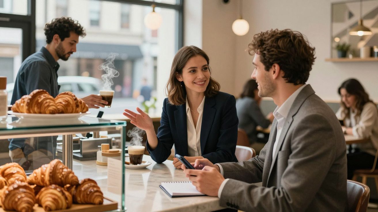 Duas pessoas conversam em frente a uma montra de croissants, com café, num ambiente de café moderno e acolhedor.