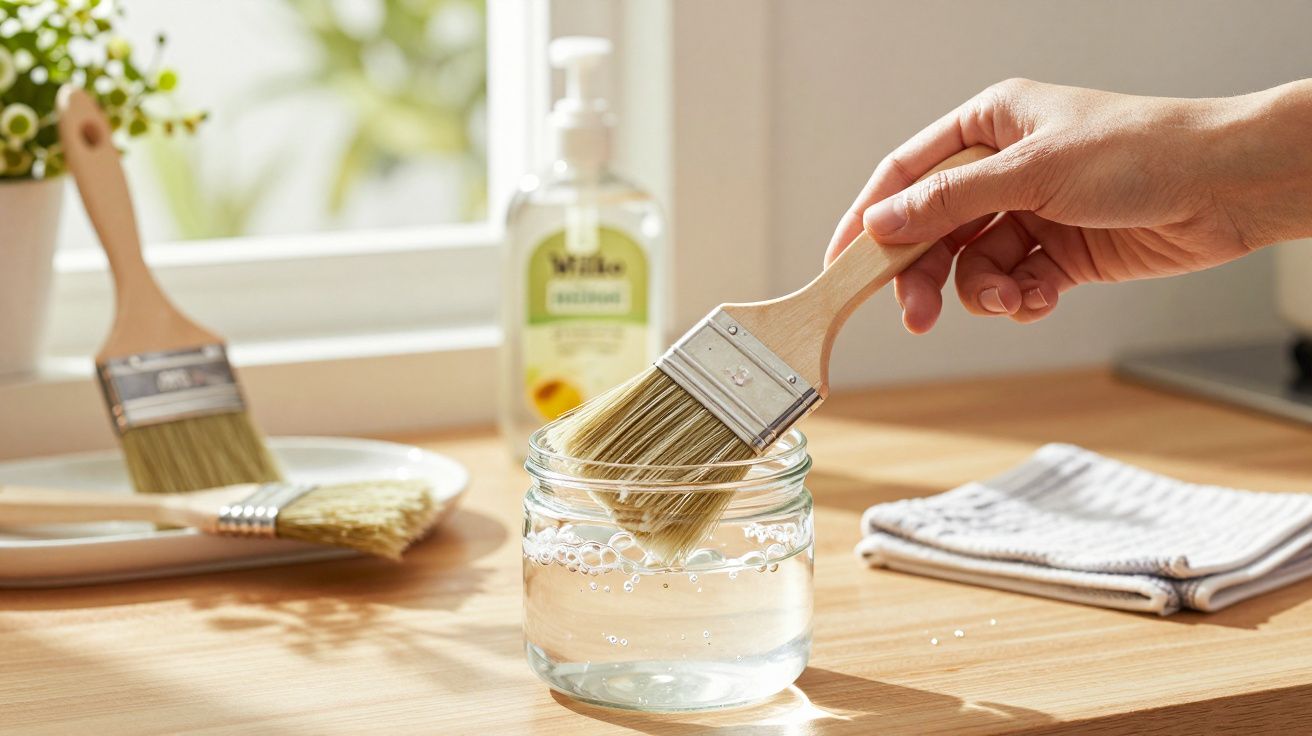 Mão segurando um pincel sobre jarro de vidro com líquido, mesas com fita adesiva e pincéis ao fundo.