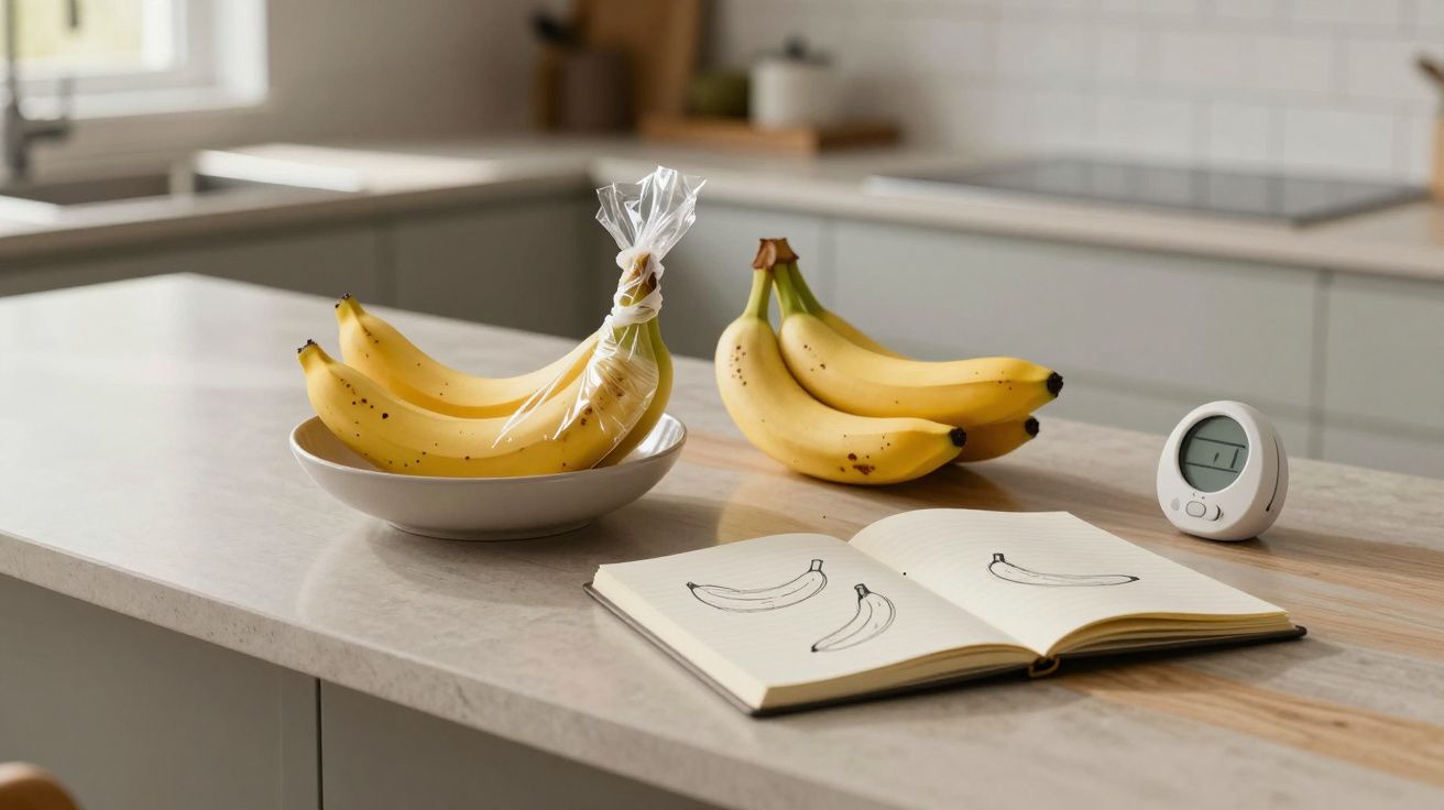 Bancada de cozinha com bananas, bloco de notas com desenho de bananas e temporizador em cima.