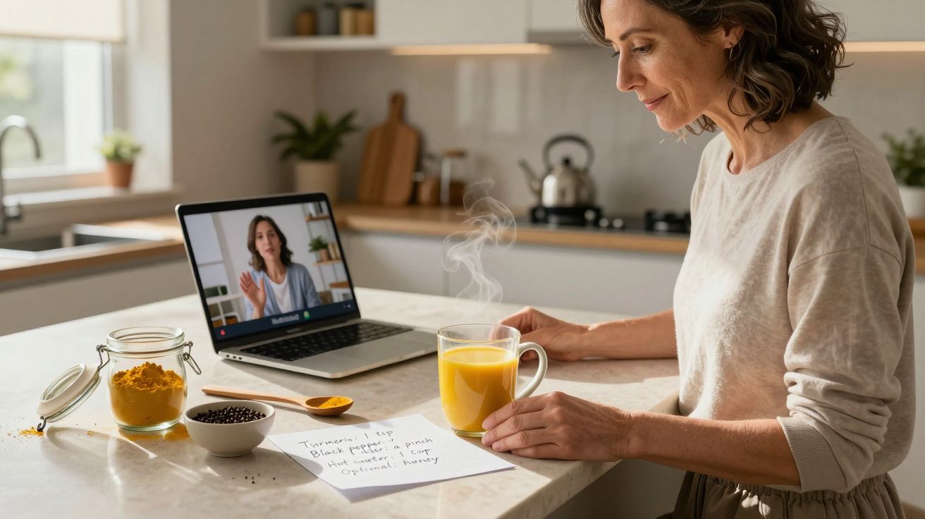 Mulher numa cozinha a assistir a uma videochamada num portátil, segurando uma caneca, com especiarias na bancada.