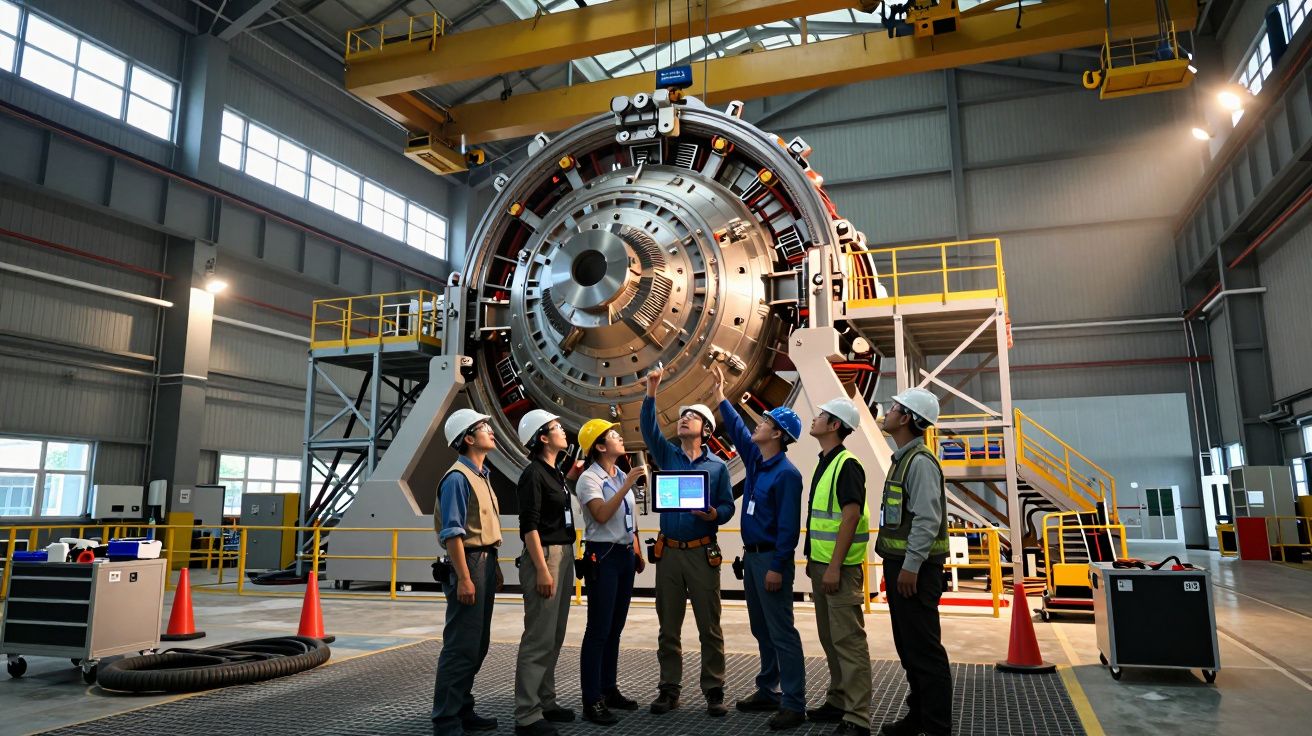 Grupo de engenheiros de capacete analisa grande equipamento industrial em fábrica, rodeados por maquinaria e escadas.