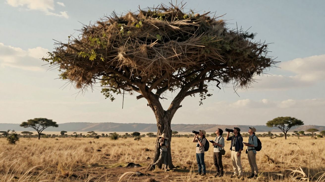 Grupo de pessoas com câmaras observa árvore isolada em savana africana, céu limpo e pradaria ao fundo.