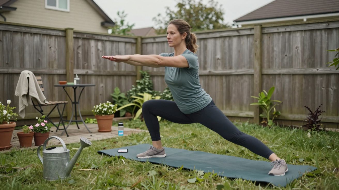 Mulher a fazer yoga num jardim, em posição de estocada, com tapete, plantas ao redor e regador no chão.