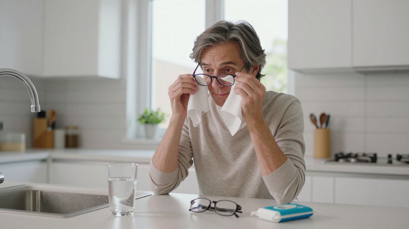 Homem de cabelo grisalho limpa os óculos com um pano na cozinha moderna, com copo de água e material de limpeza.