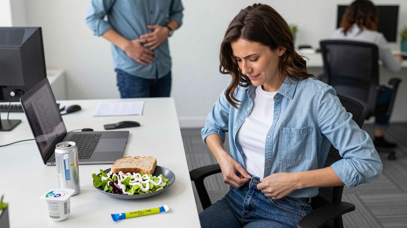 Mulher sentada a apertar as calças ao lado de uma mesa com salada, pão e iogurte, enquanto homem ao fundo segura o estômago.