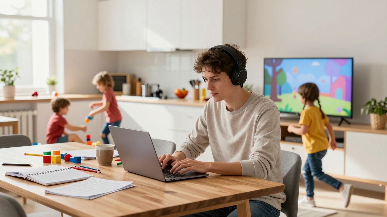 Homem trabalha no portátil com auscultadores enquanto duas crianças brincam na sala iluminada.