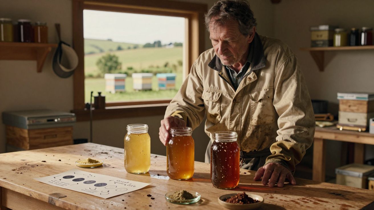 Homem analisa três frascos de mel em mesa de madeira, com colmeias ao fundo pela janela.