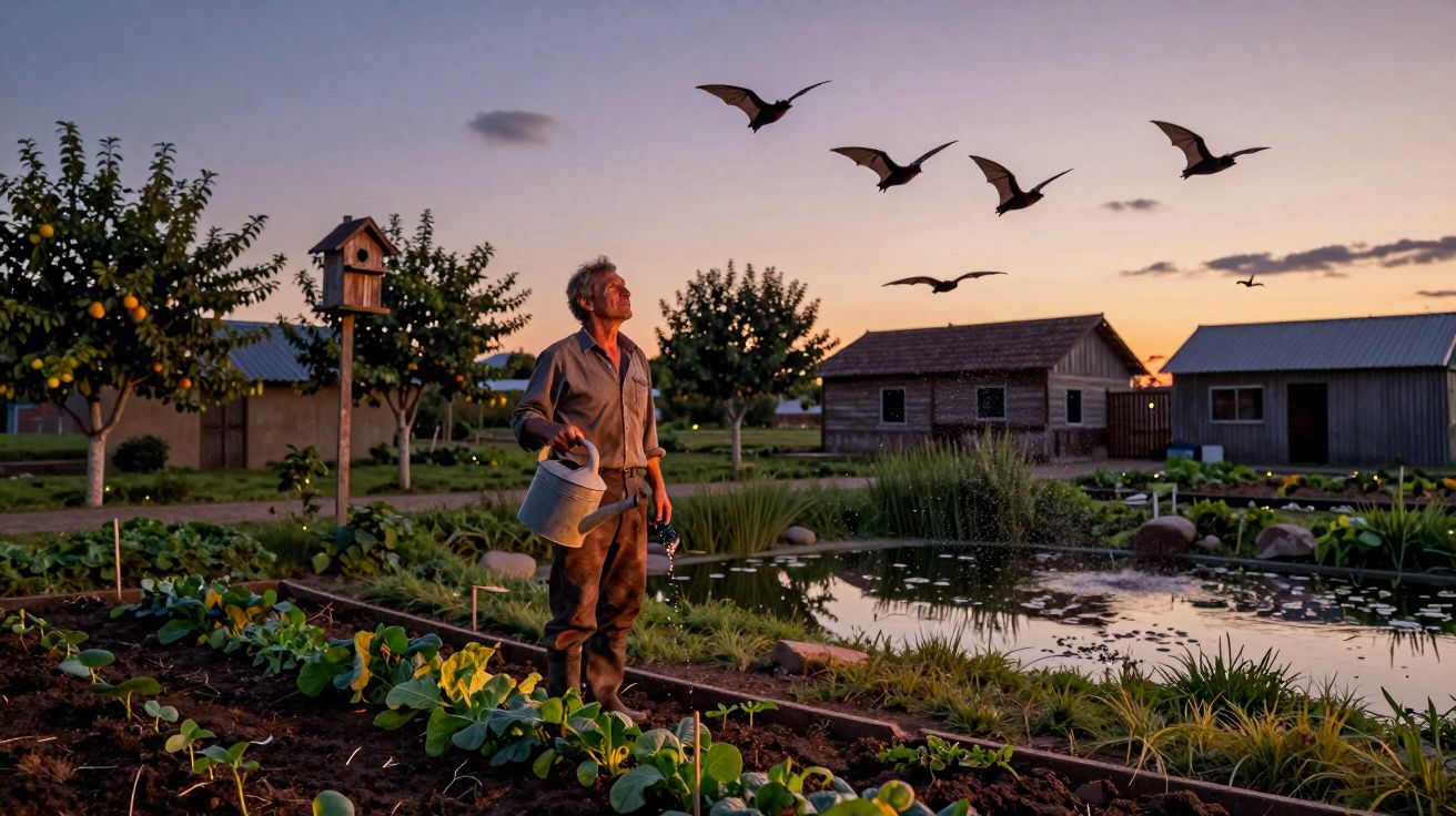 Homem com regador observa pássaros a voar ao entardecer, rodeado por vegetação, casas e lagoa ao fundo.