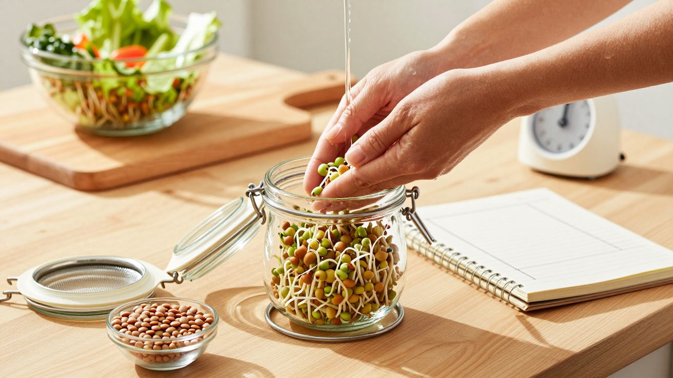 Frasco de vidro com rebentos de lentilhas caído numa bancada de cozinha, ao lado de um prato com salada e fatias de limão.