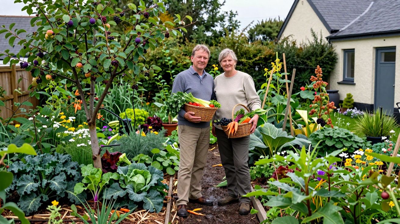 Casal segurando cestas de vegetais e frutas no meio de uma horta colorida e bem cuidada, ao lado de uma casa.