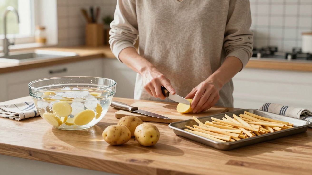 Pessoa a fatiar batatas em tiras numa cozinha moderna, com batatas e bacia de água no balcão.