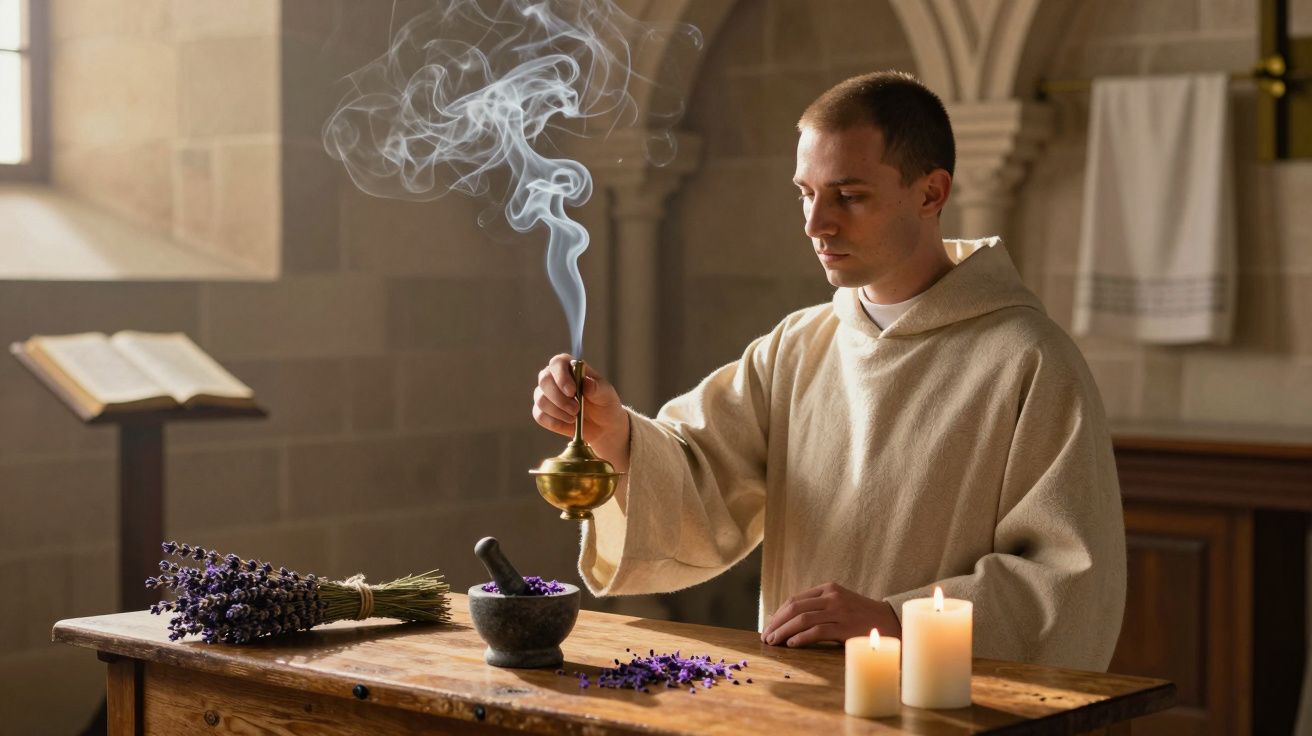 Cinco monges em hábitos marrons ao redor de uma bacia de incenso esfumegante numa capela de pedra com janelas em arco.