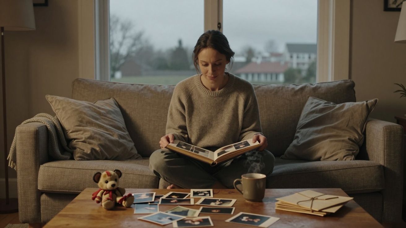 Mulher sentada num sofá folheia álbum de fotos, com imagens e uma caneca sobre a mesa de madeira à sua frente.