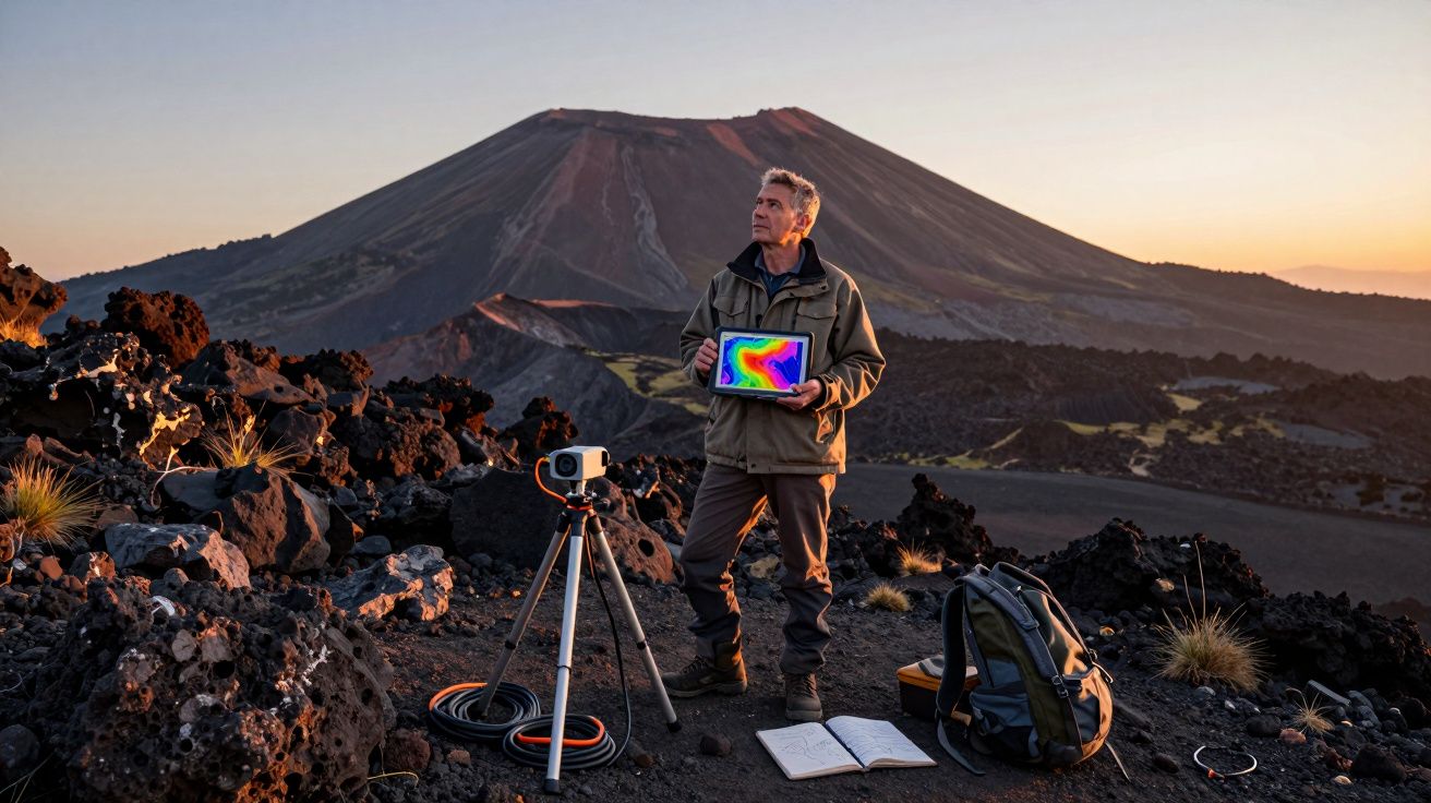 Homem com tablet, mochila e equipamento fotográfico em frente a um vulcão num cenário rochoso ao pôr do sol.