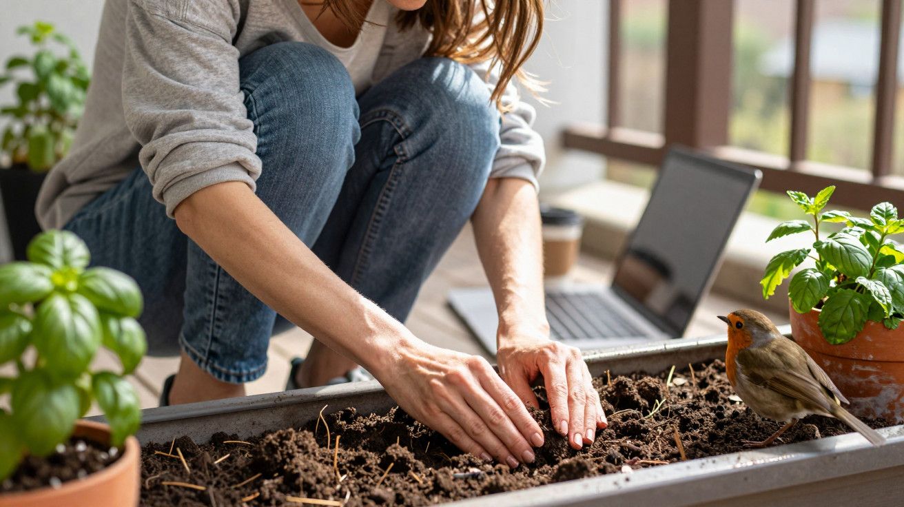 Mulher a plantar numa caixa de flores com um pássaro ao lado. Portátil e plantas em segundo plano.
