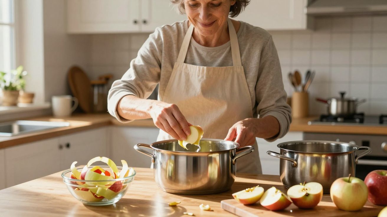 Mulher a cozinhar maçãs numa cozinha clara, cortando e colocando pedaços numa panela em cima da bancada de madeira.