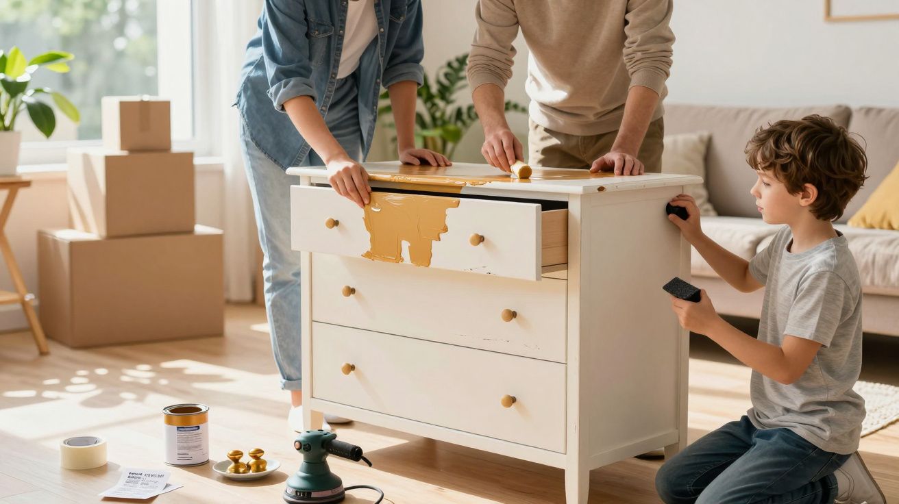 Mulher ajusta móvel azul com portátil em cima; duas crianças observam perto da janela.