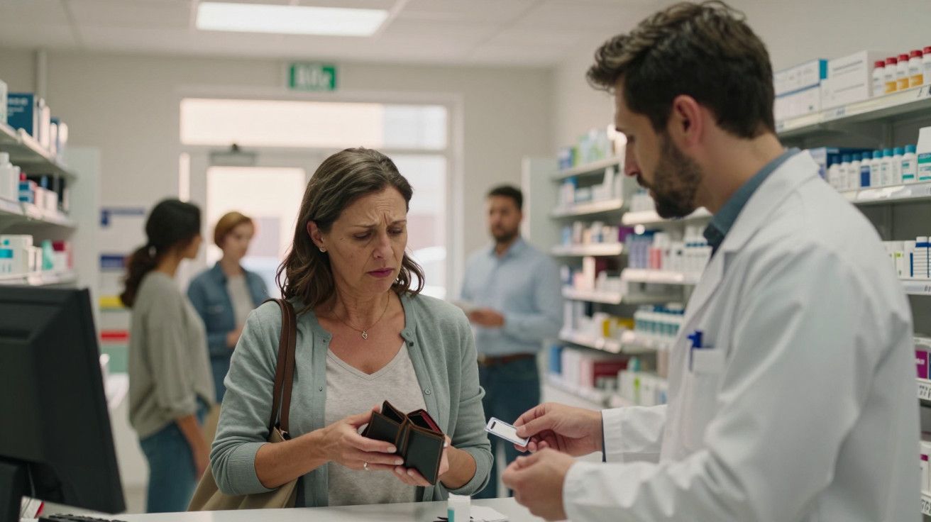 Mulher preocupada na farmácia verifica carteira enquanto conversa com farmacêutico.