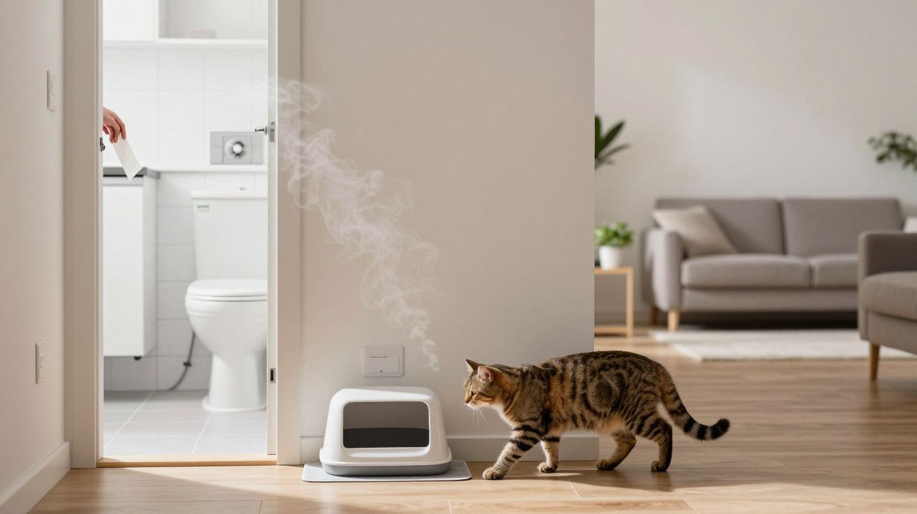 Gato junto a caixa de areia automática com vapor, casa moderna com sala e casa de banho ao fundo.