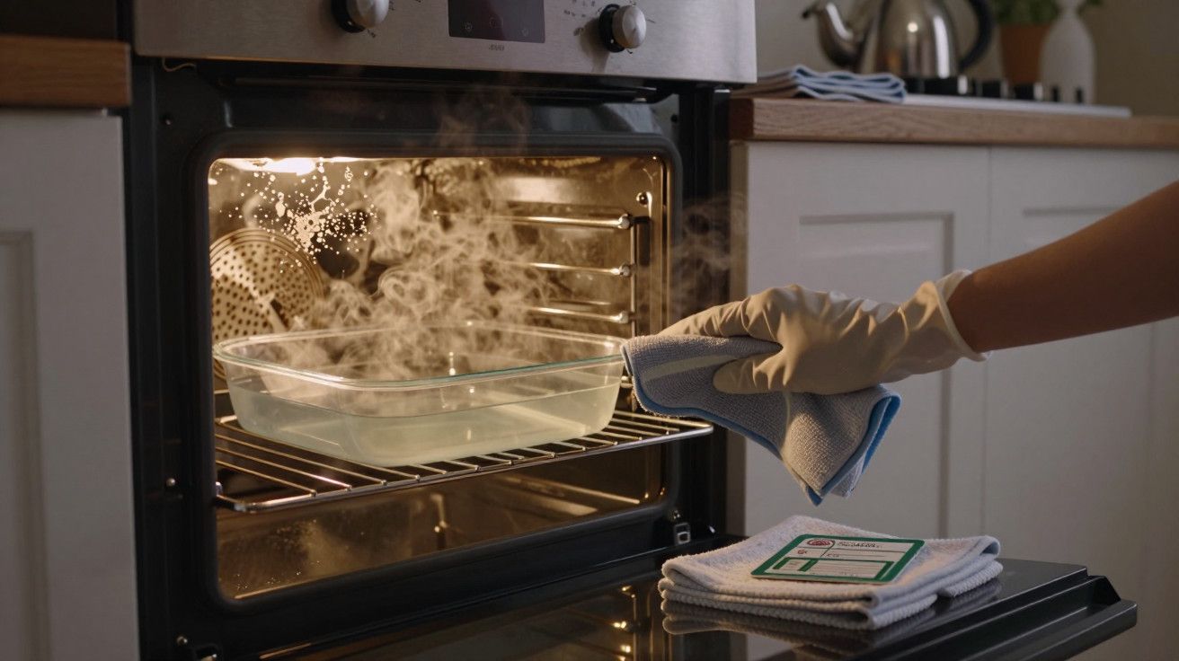 Mão com luva retira travessa a vapor do forno em cozinha moderna.