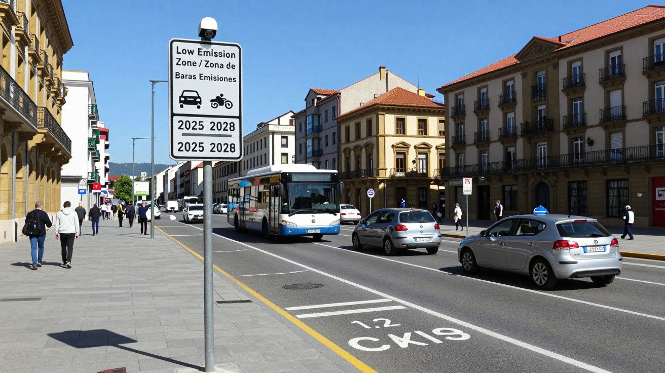 Rua movimentada com sinal de zona de baixas emissões, autocarro e carros a circular, edifícios ao fundo.