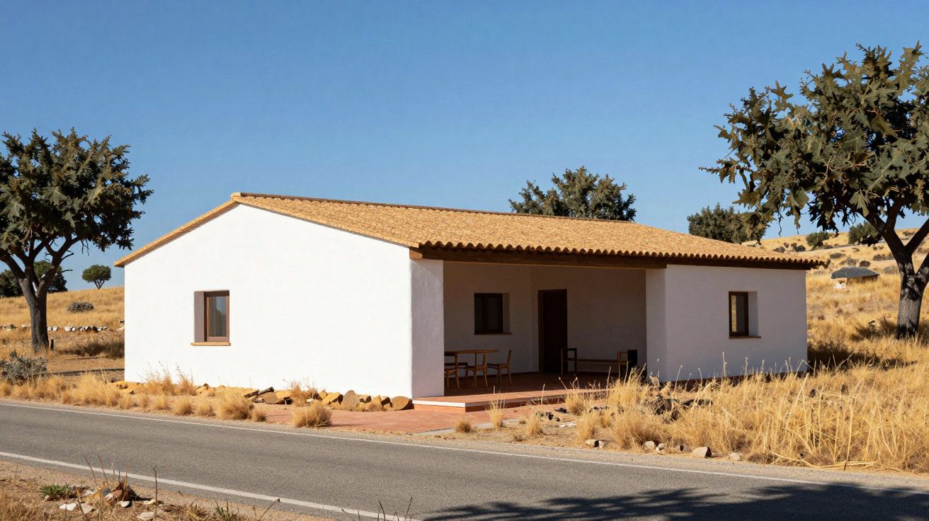 Casa branca simples em paisagem árida com árvores esparsas e estrada à frente, sob céu azul claro.