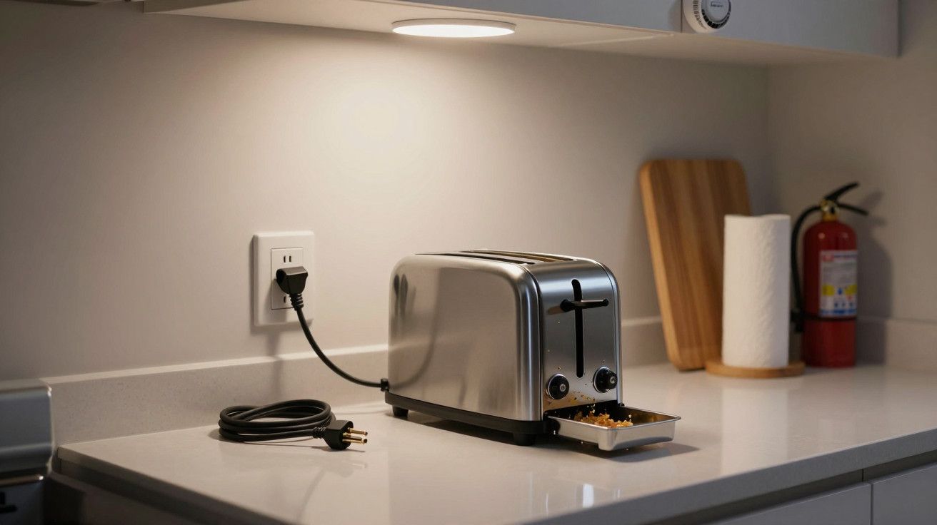Torradeira prateada numa bancada de cozinha com tabuleiro de migalhas removido; fundo com rolo de papel e extintor.