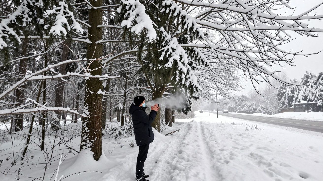Pessoa em pé na neve debaixo de árvores cobertas de neve, soprando vapor quente das mãos num dia de inverno.