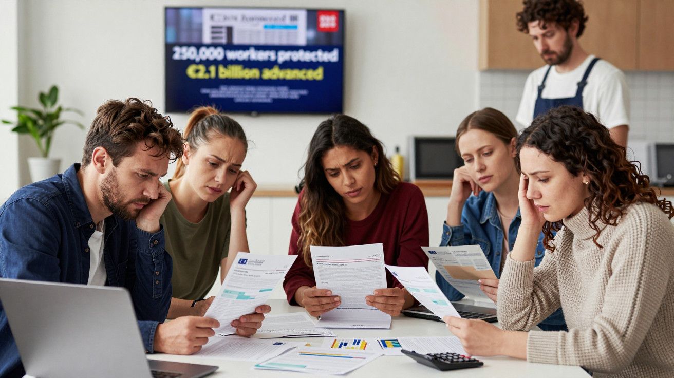 Pessoas numa reunião, concentradas a analisar documentos numa mesa com computadores e calculadora.