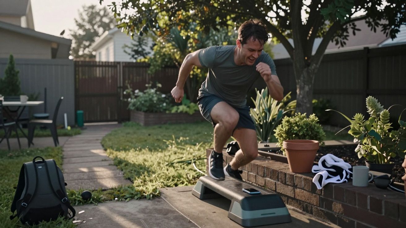 Homem a exercitar-se no jardim, saltando sobre um step com expressão de determinação e ambiente verde ao fundo.