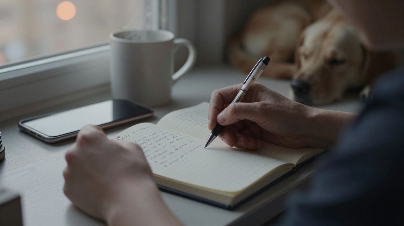 Pessoa escrevendo num caderno junto à janela. Há um cão a dormir e uma chávena sobre o parapeito.