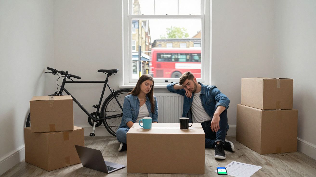 Casal sentado no chão entre caixas de mudança, com uma bicicleta encostada na parede e um autocarro pela janela.