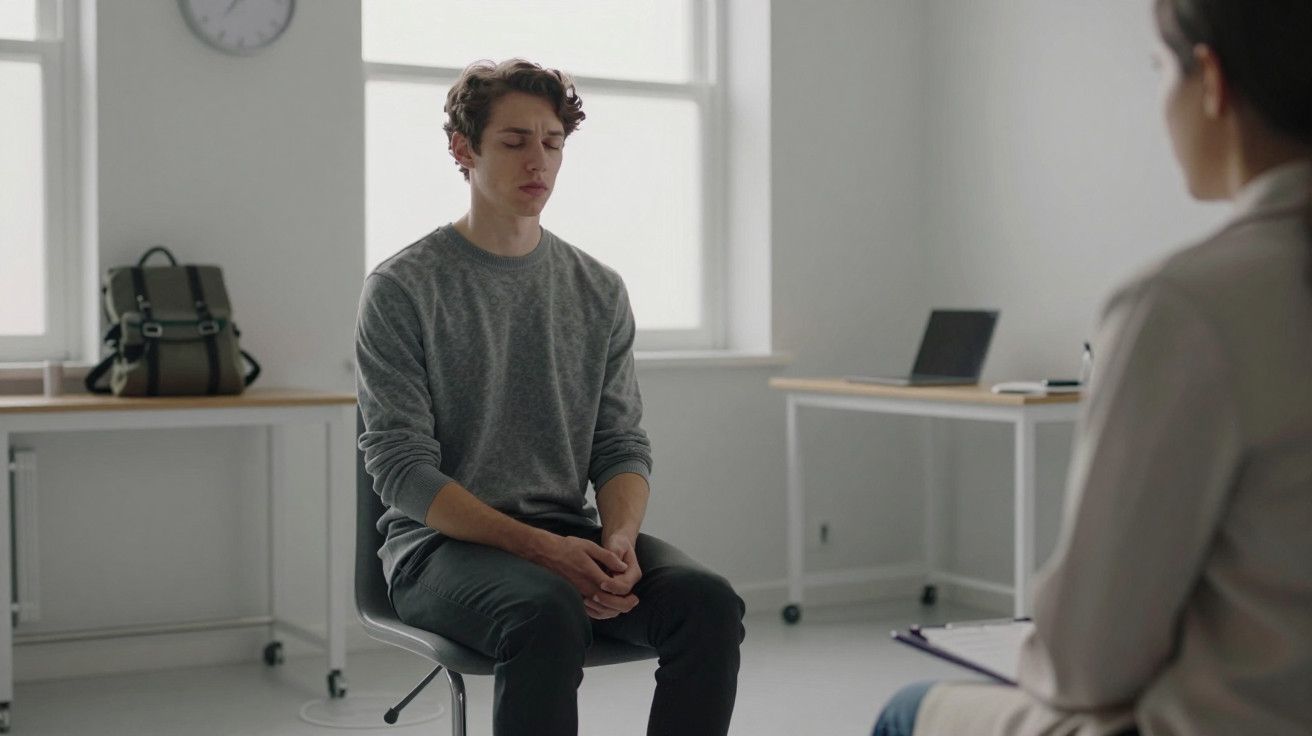 Homem sentado em sala de escritório clara, de olhos fechados, frente a uma mulher, com mochila e portátil ao fundo.